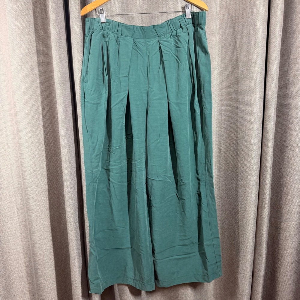 Free People Teal Green Wide Leg Pleated Trousers Elastic Waist Size XL